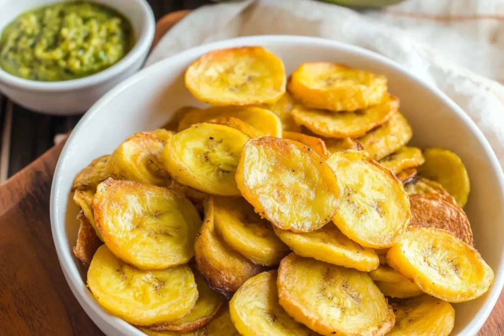 Crispy plantain chips served in a white bowl alongside a green dipping sauce, highlighting a delicious snack pairing.