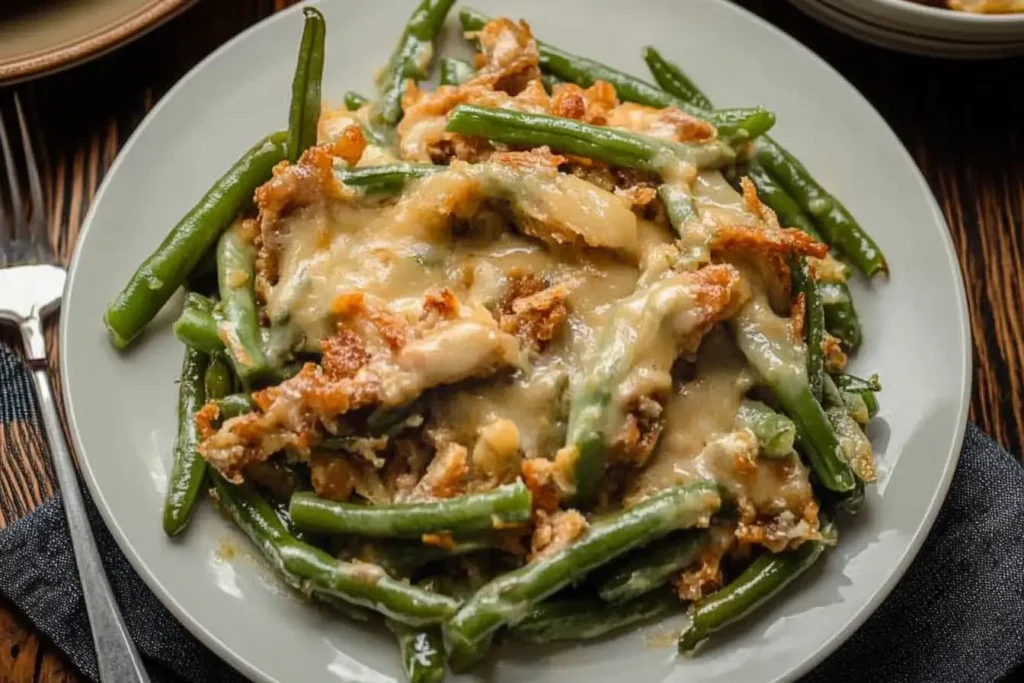A plate of green bean casserole served as a side dish, featuring tender green beans, creamy sauce, and crispy topping.