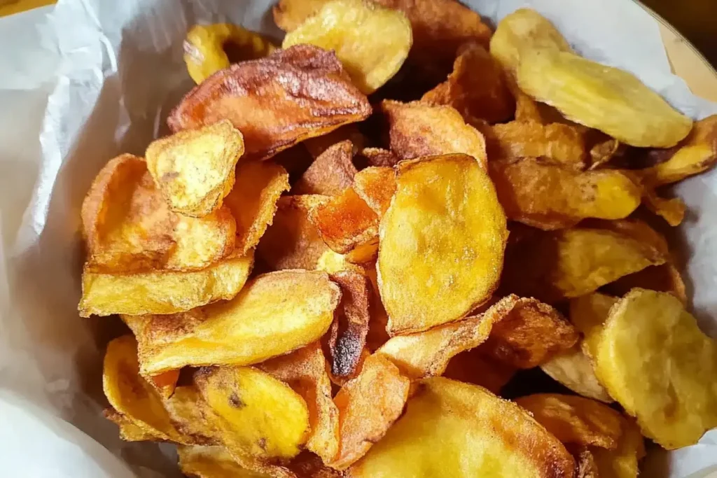 A rustic presentation of crispy plantain chips in a lined basket, with their golden edges highlighted for visual appeal.