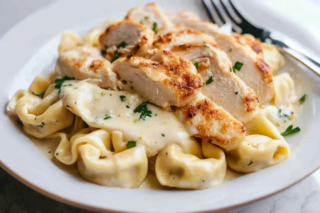 Grilled chicken slices served over creamy Alfredo-coated tortelloni, garnished with fresh parsley, on a white plate with a fork.