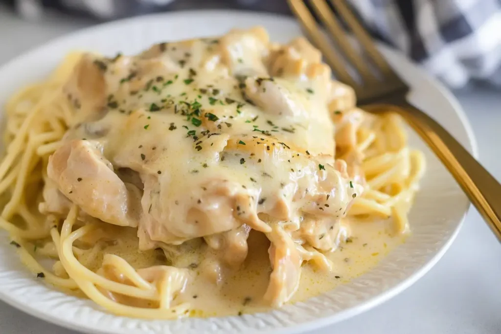 Tender pieces of Crockpot Angel Chicken in a creamy sauce served on pasta, garnished with herbs, and paired with a fork.