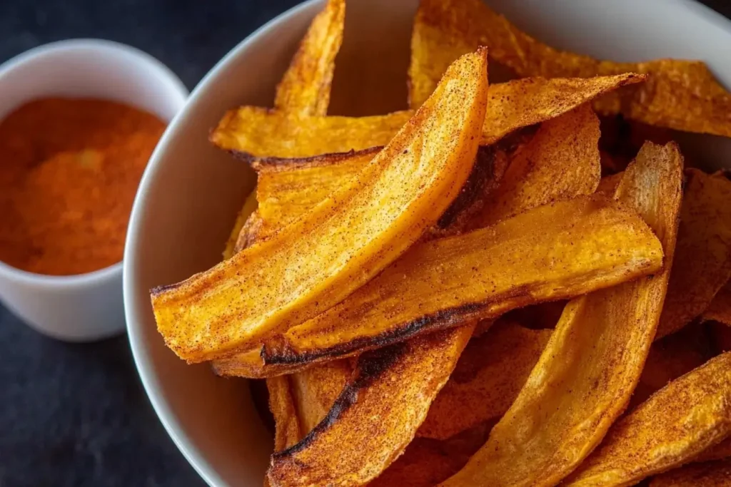 A bowl of spicy plantain chips dusted with paprika, accompanied by a small bowl of seasoning on a dark background.