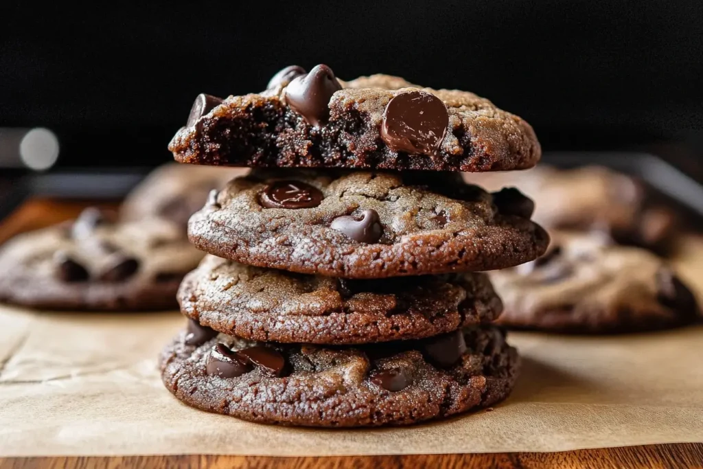 A close-up of a stack of freshly baked double chocolate chip cookies with gooey chocolate chips, showcasing their rich texture and decadent flavor.
