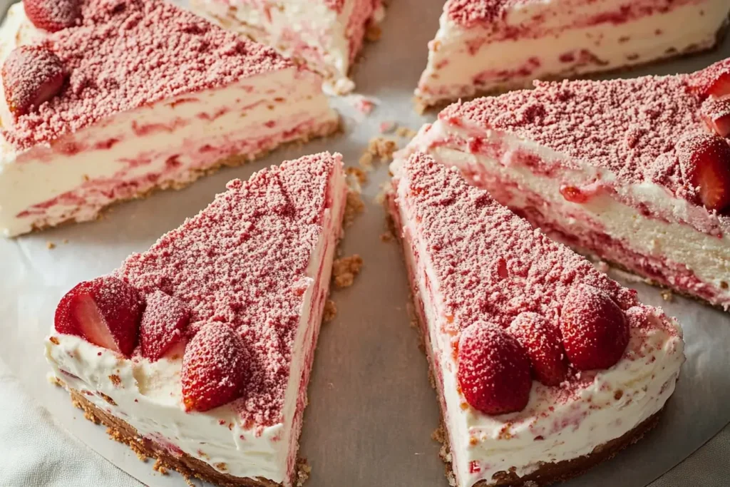 Multiple slices of Strawberry Shortcake Ice Cream Cake arranged on a parchment-lined surface, topped with fresh strawberries and crumbly layers.