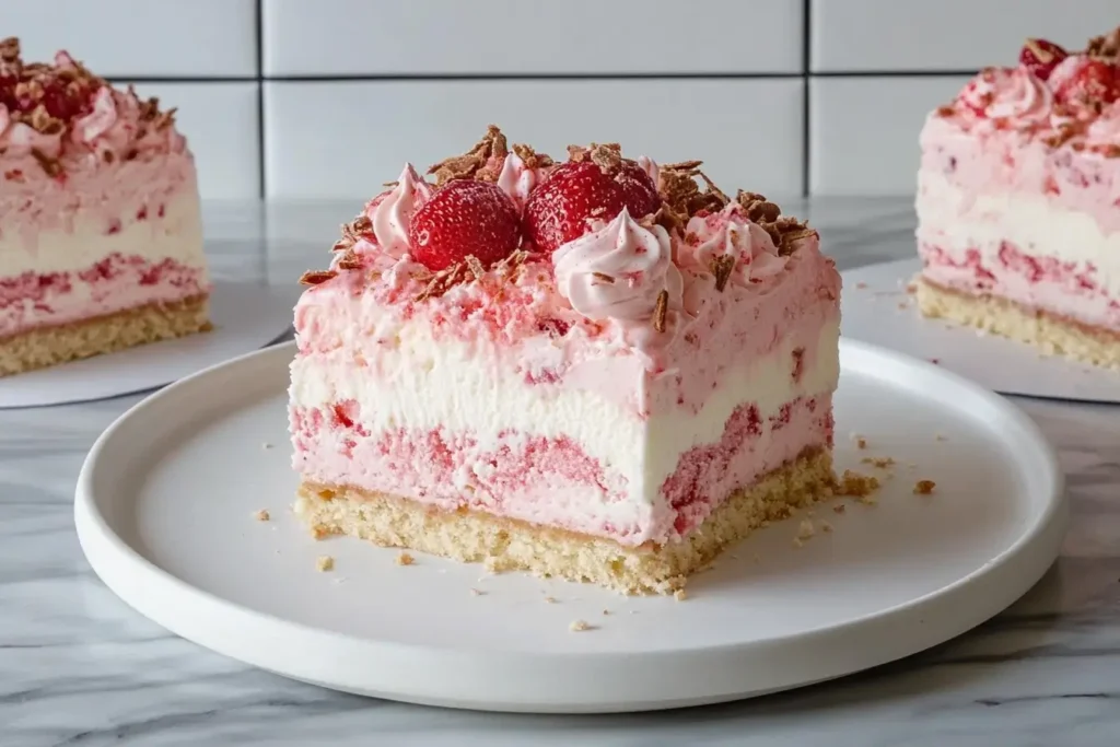 A square-shaped Strawberry Shortcake Ice Cream Cake with layers of vanilla and strawberry ice cream, topped with whipped cream and fresh strawberries.