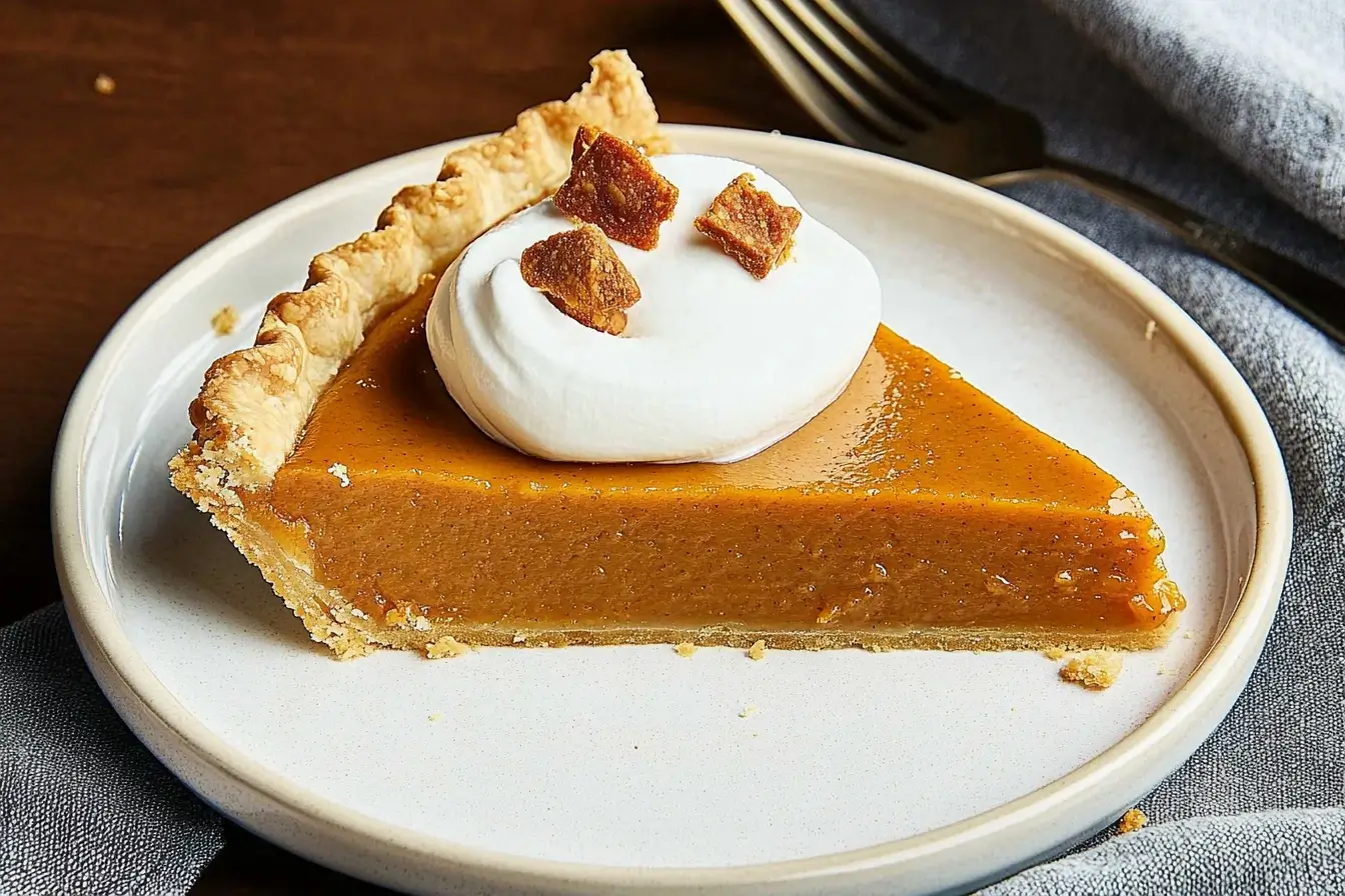 A gourmet sweet potato pie slice topped with whipped cream and caramelized pecans, served on a beige plate with a flaky crust and smooth filling.