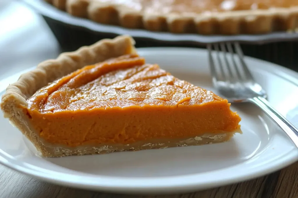 A close-up view of a classic sweet potato pie slice served on a white plate, showcasing its smooth texture and flaky crust.
