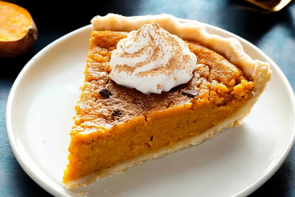 A slice of sweet potato pie topped with whipped cream and a sprinkle of cinnamon, served on a white plate for a festive presentation.