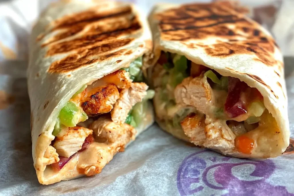 A flavorful Chipotle Ranch Grilled Chicken Burrito filled with seasoned grilled chicken, melted cheese, fresh vegetables, and a toasted tortilla, served on a fast-food wrapper.