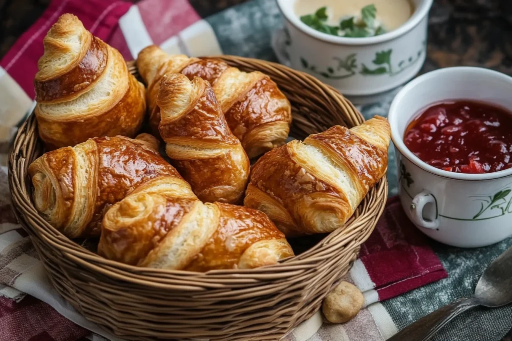 A wicker basket filled with golden Swiss Gipfeli served alongside small bowls of jam and butter, creating a traditional breakfast setting.