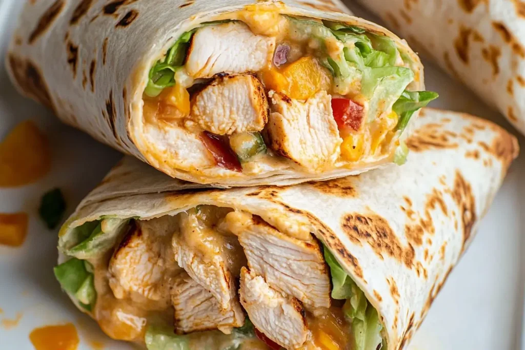 A cheesy Chipotle Ranch Grilled Chicken Burrito featuring a grilled tortilla, juicy chicken pieces, fresh lettuce, and diced vegetables, arranged on a white plate.