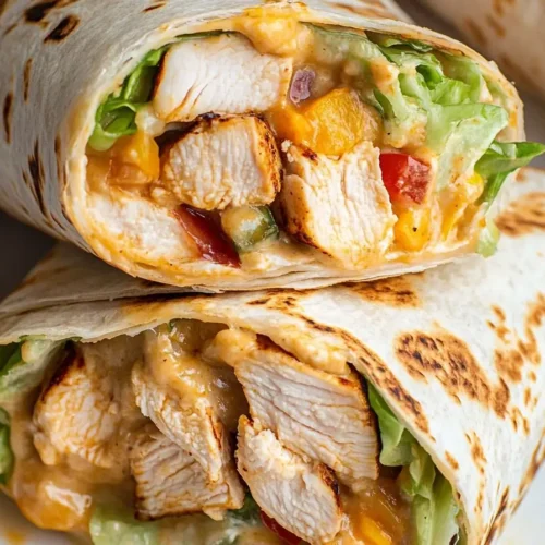 A cheesy Chipotle Ranch Grilled Chicken Burrito featuring a grilled tortilla, juicy chicken pieces, fresh lettuce, and diced vegetables, arranged on a white plate.