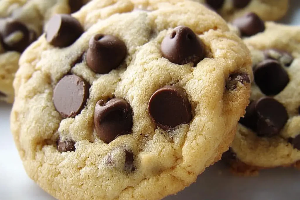 A close-up of a Rice Krispie Chocolate Chip Cookie highlighting the golden-brown texture and gooey chocolate chips.