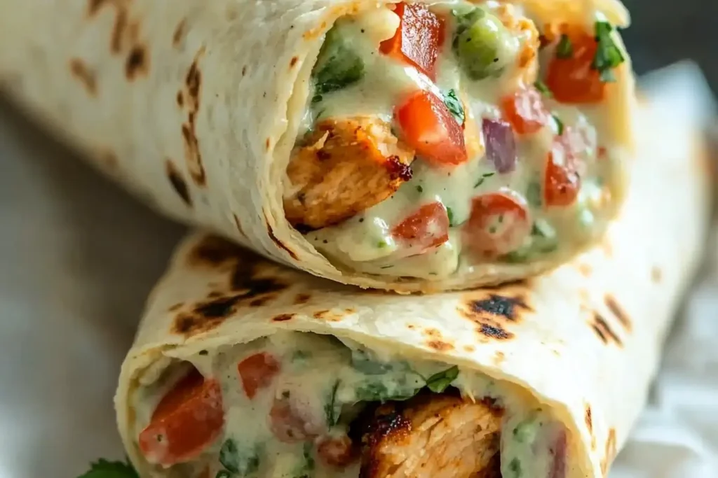 A creamy Chipotle Ranch Grilled Chicken Burrito filled with smoky grilled chicken, fresh tomatoes, chopped herbs, and a soft tortilla, cut in half and stacked for a close-up view.