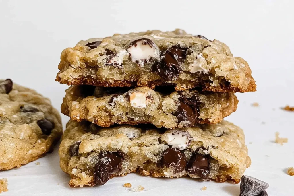 A gooey Rice Krispie Chocolate Chip Cookie split in half, showing melted chocolate chips and the crispy cereal texture inside.