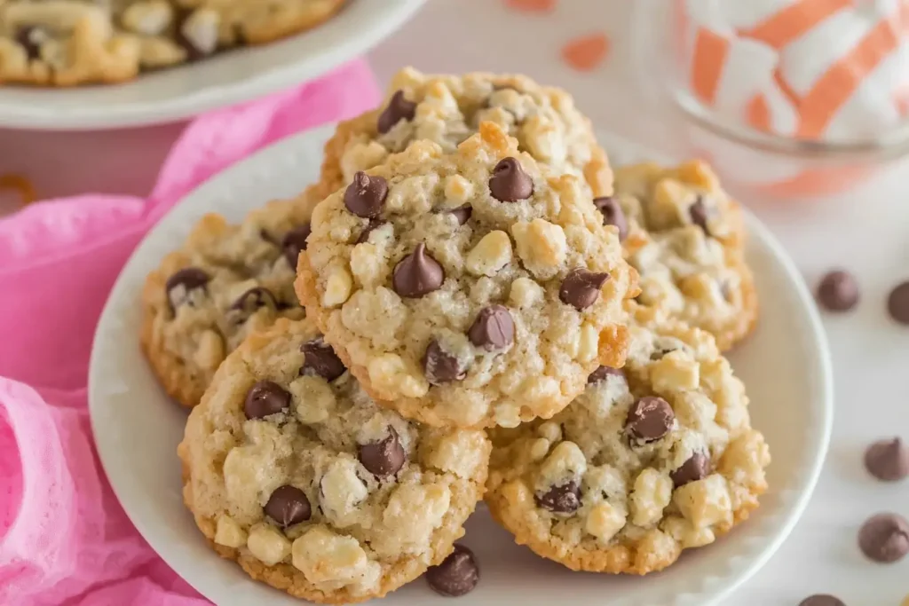 A plate of Rice Krispie Chocolate Chip Cookies with chocolate chips scattered around, perfect for sharing or gifting.