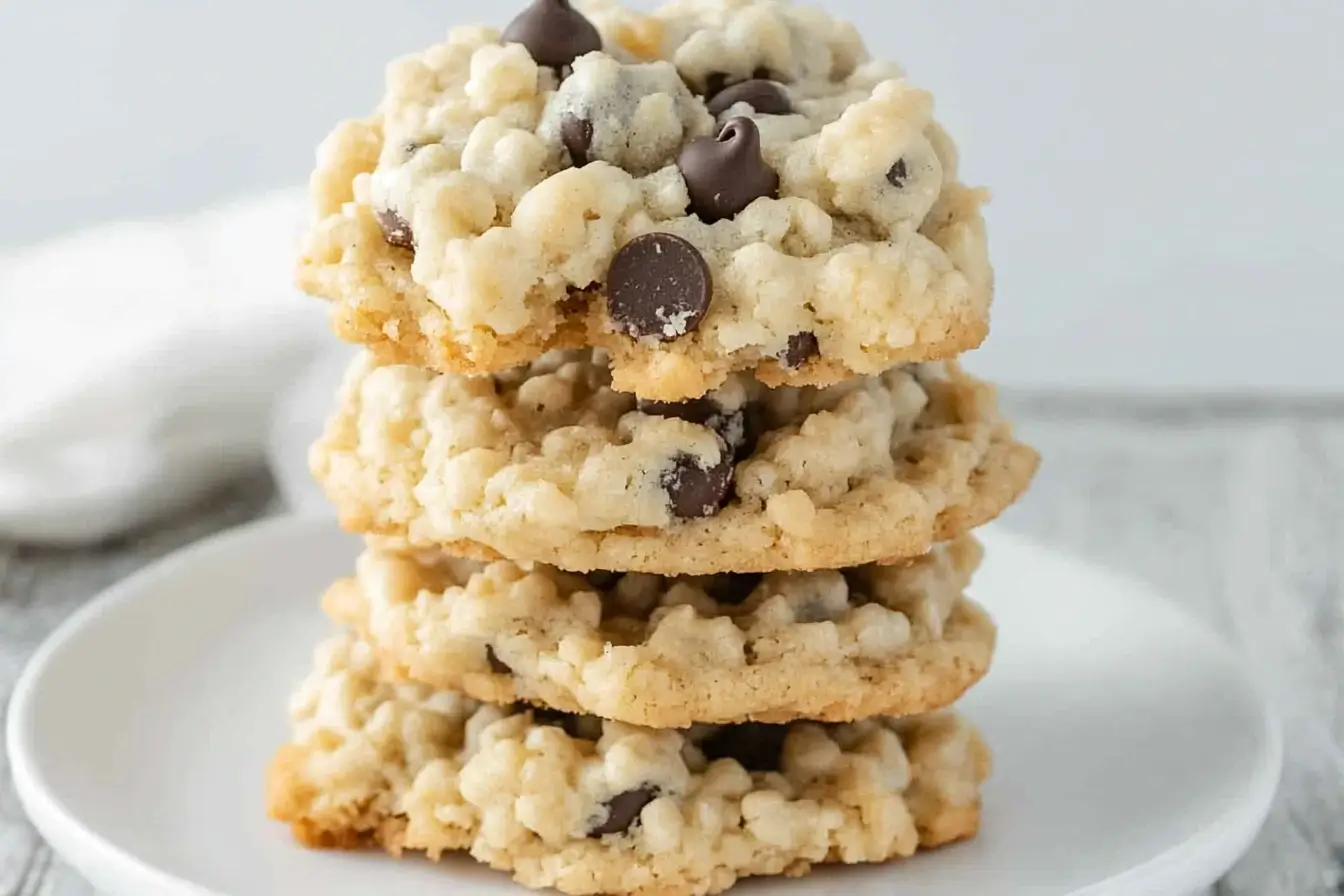 A stack of Rice Krispie Chocolate Chip Cookies showcasing their crispy edges, chewy centers, and chocolate chip goodness on a white plate.