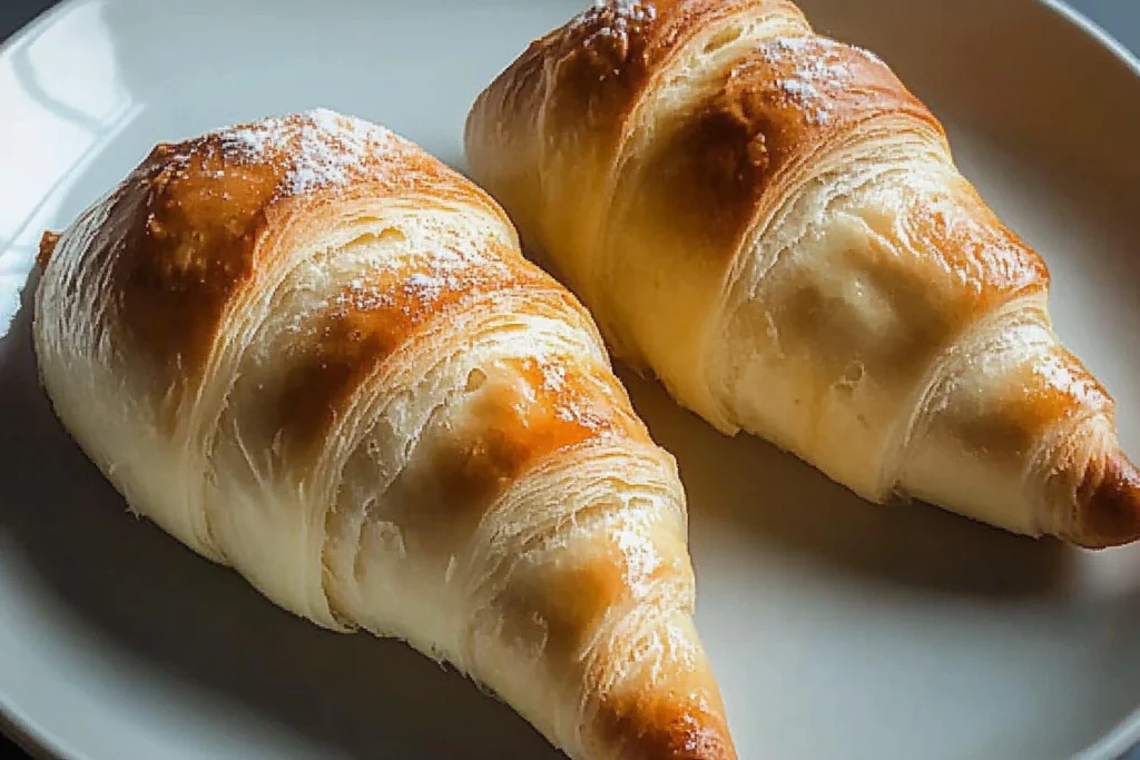 Two freshly baked Swiss Gipfeli lightly dusted with powdered sugar, presented on a white plate for an elegant dessert option.
