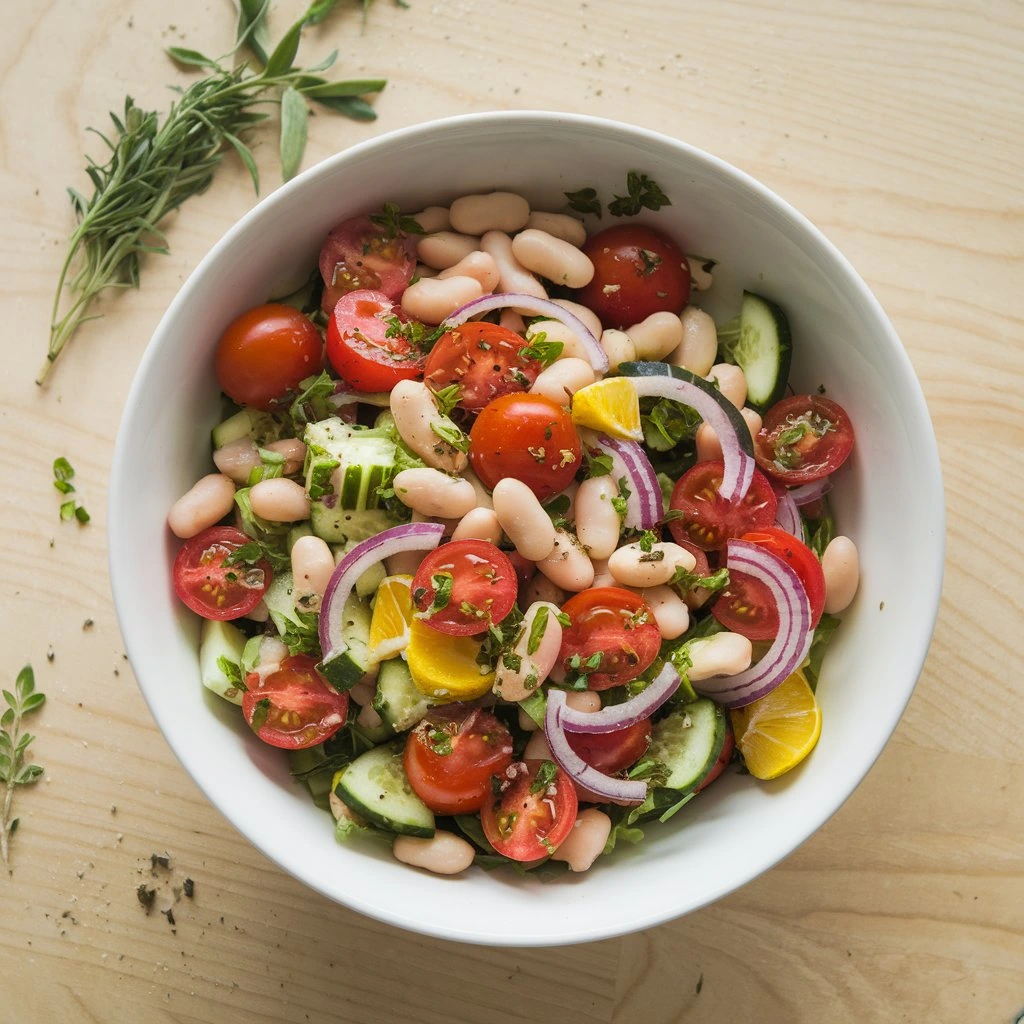 A fresh Mediterranean salad with cannellini beans, cherry tomatoes, cucumber, and red onion in a white bowl, garnished with lemon and olive oil dressing, creating a colorful and healthy presentation.