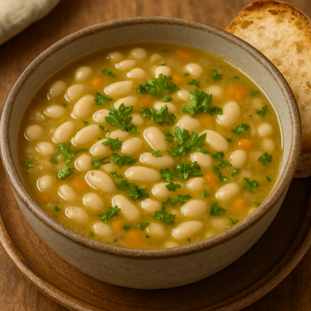 bowl of Italian white bean soup with cannellini beans, fresh parsley, and olive oil, served in a rustic ceramic bowl with bread, creating a cozy and hearty meal.