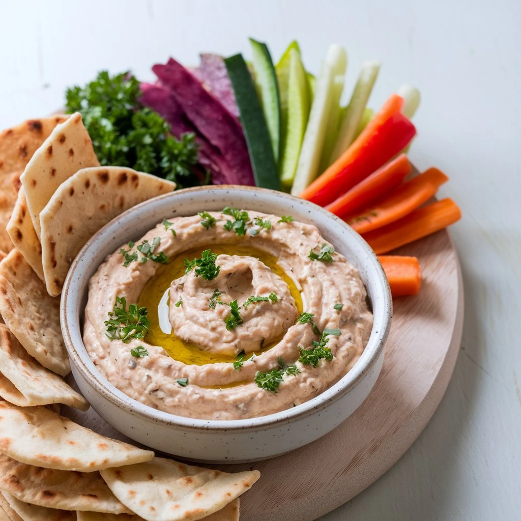 A creamy cannellini bean dip garnished with olive oil and parsley, surrounded by fresh veggies and pita chips, offering a healthy and inviting snack or appetizer.